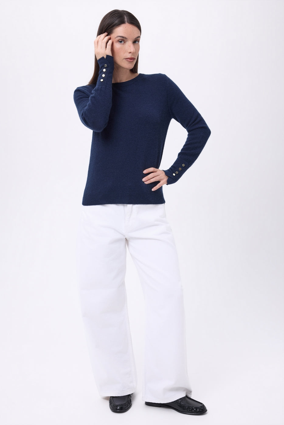 Jersey de cuello redondo con botones dorados y mangas globo Od - Azul marino - Mujer