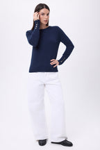 Jersey de cuello redondo con botones dorados y mangas globo Od - Azul marino - Mujer