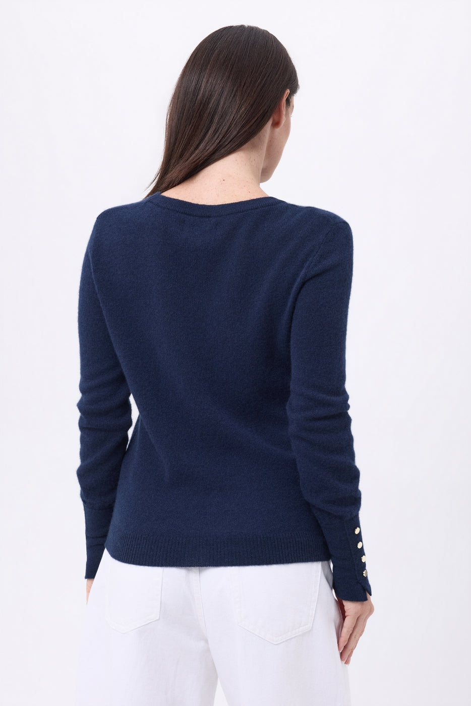 Jersey de cuello redondo con botones dorados y mangas globo Od - Azul marino - Mujer