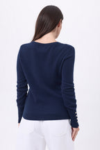 Jersey de cuello redondo con botones dorados y mangas globo Od - Azul marino - Mujer