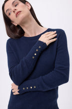 Jersey de cuello redondo con botones dorados y mangas globo Od - Azul marino - Mujer