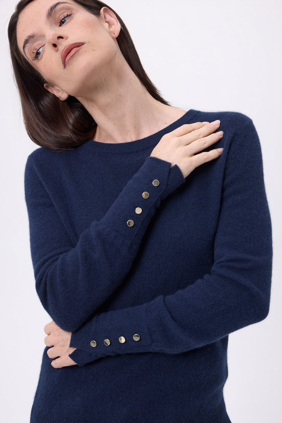 Jersey de cuello redondo con botones dorados y mangas globo Od - Azul marino - Mujer