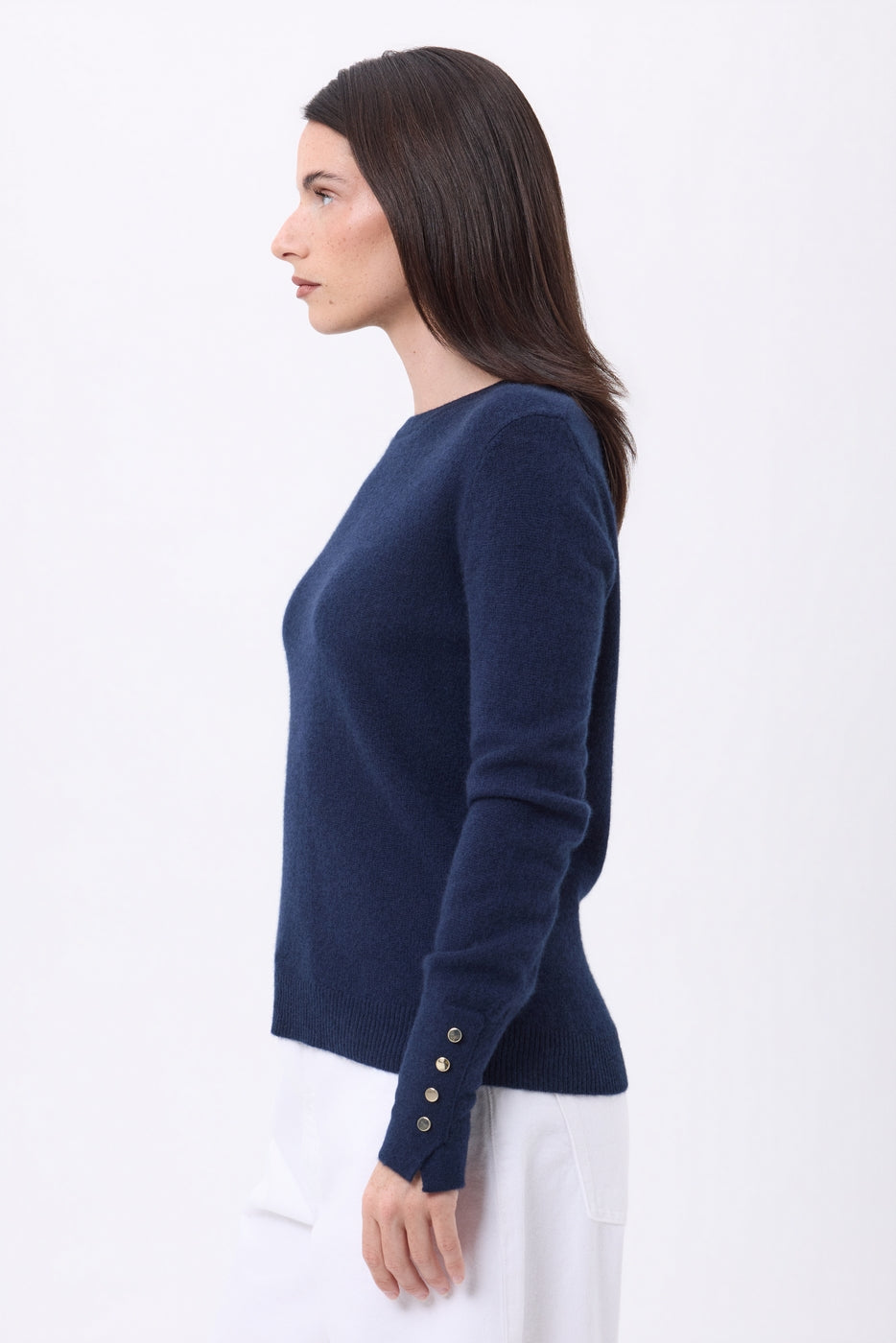 Jersey de cuello redondo con botones dorados y mangas globo Od - Azul marino - Mujer