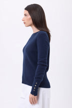 Jersey de cuello redondo con botones dorados y mangas globo Od - Azul marino - Mujer