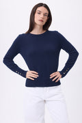 Jersey de cuello redondo con botones dorados y mangas globo Od - Azul marino - Mujer