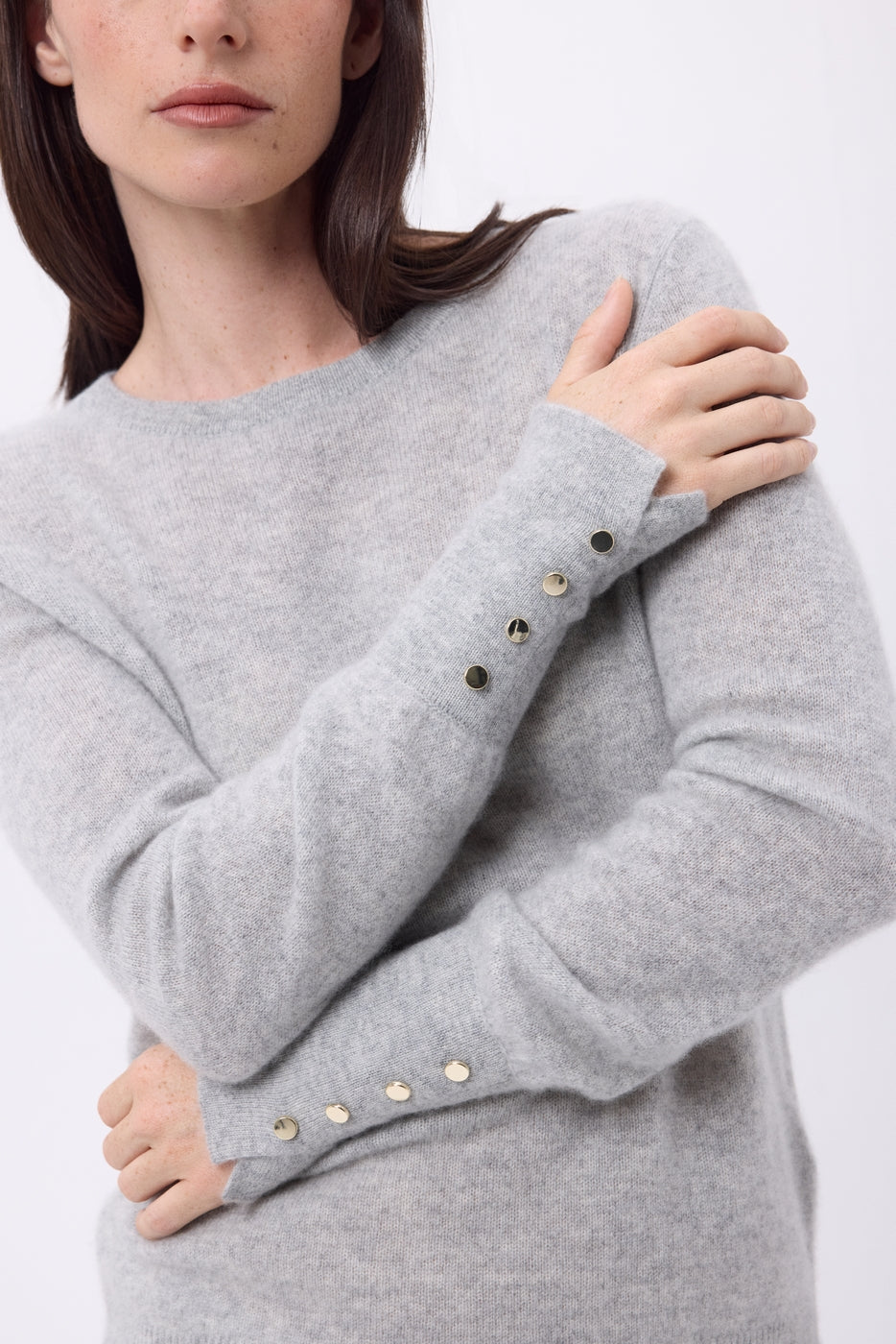 Jersey de cuello redondo con botones dorados y mangas globo Od - Gris claro - Mujer