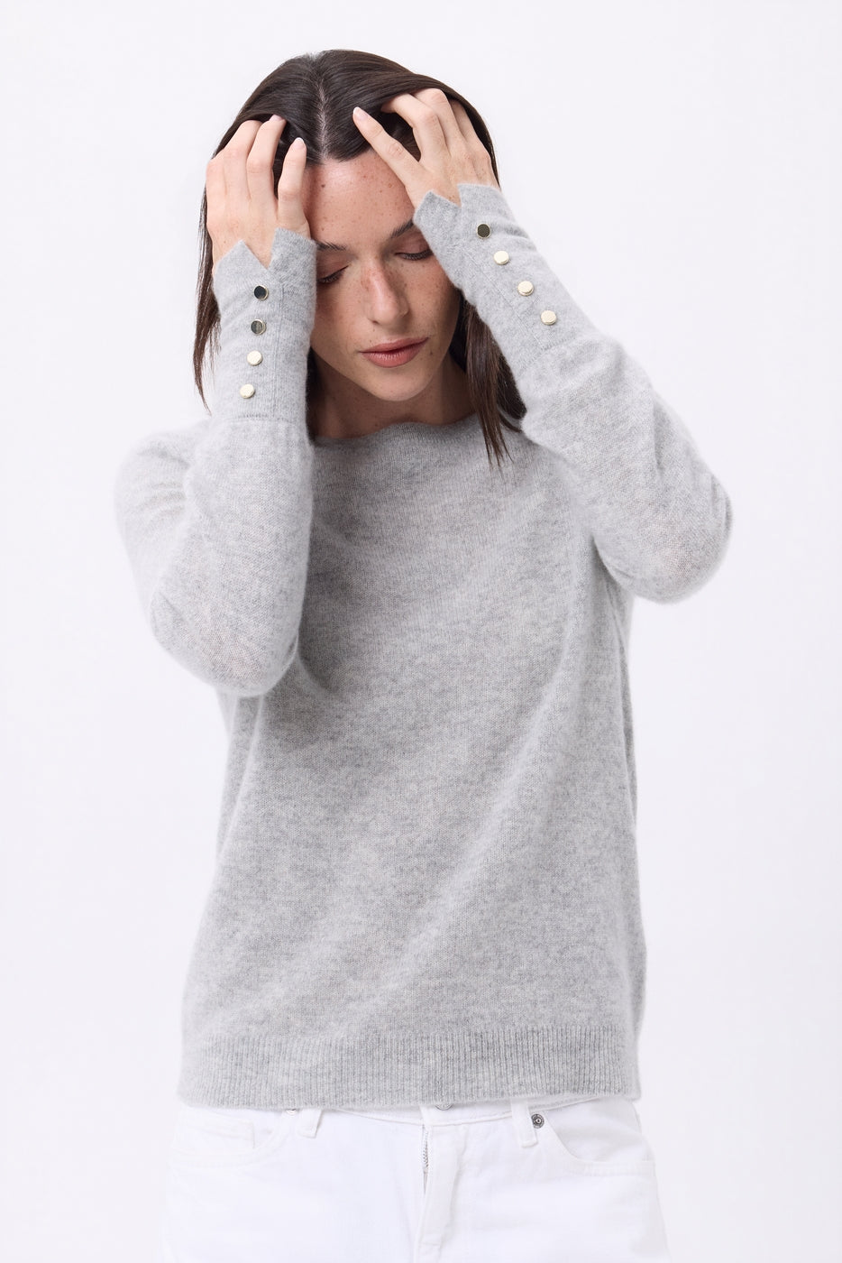 Jersey de cuello redondo con botones dorados y mangas globo Od - Gris claro - Mujer