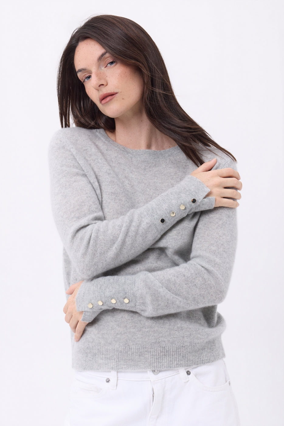 Jersey de cuello redondo con botones dorados y mangas globo Od - Gris claro - Mujer