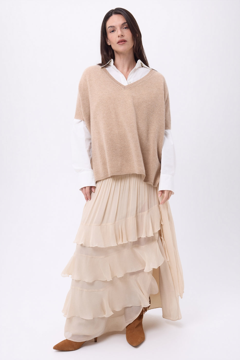 Ona Sleeveless V-Neck Oversized Jumper - Cream Beige - Women