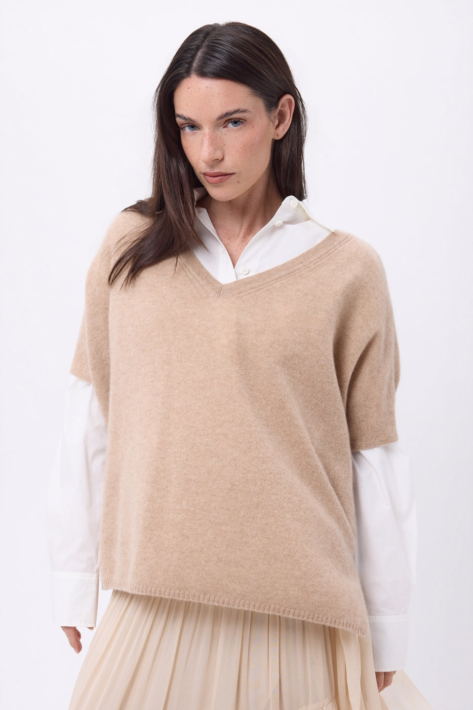 Ona Sleeveless V-Neck Oversized Jumper - Cream Beige - Women
