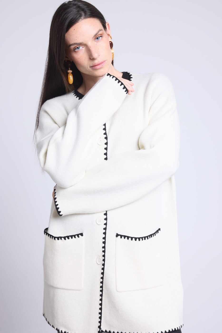 Chaqueta recta bordada Onice - Blanco negro - Mujer