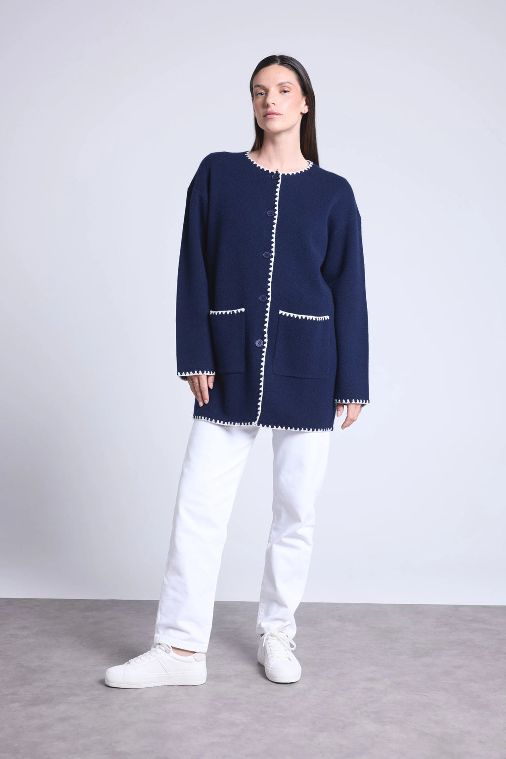 Chaqueta recta bordada Onice - Azul marino y blanco - Mujer