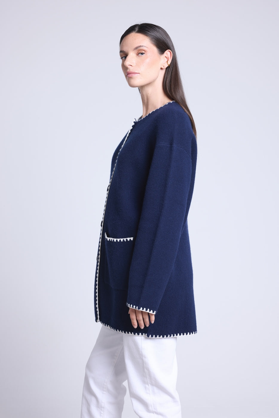Chaqueta recta bordada Onice - Azul marino y blanco - Mujer