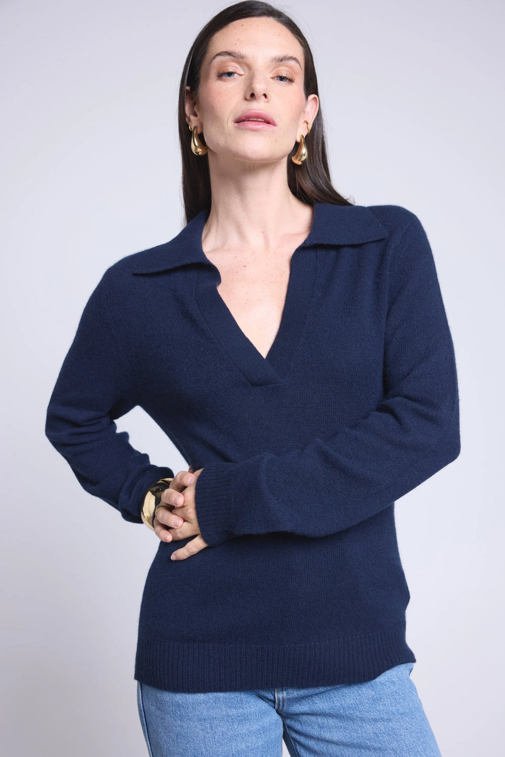 Maglione Con Colletto Polo Opale - Blu Marino - Donna - 100% Cashmere