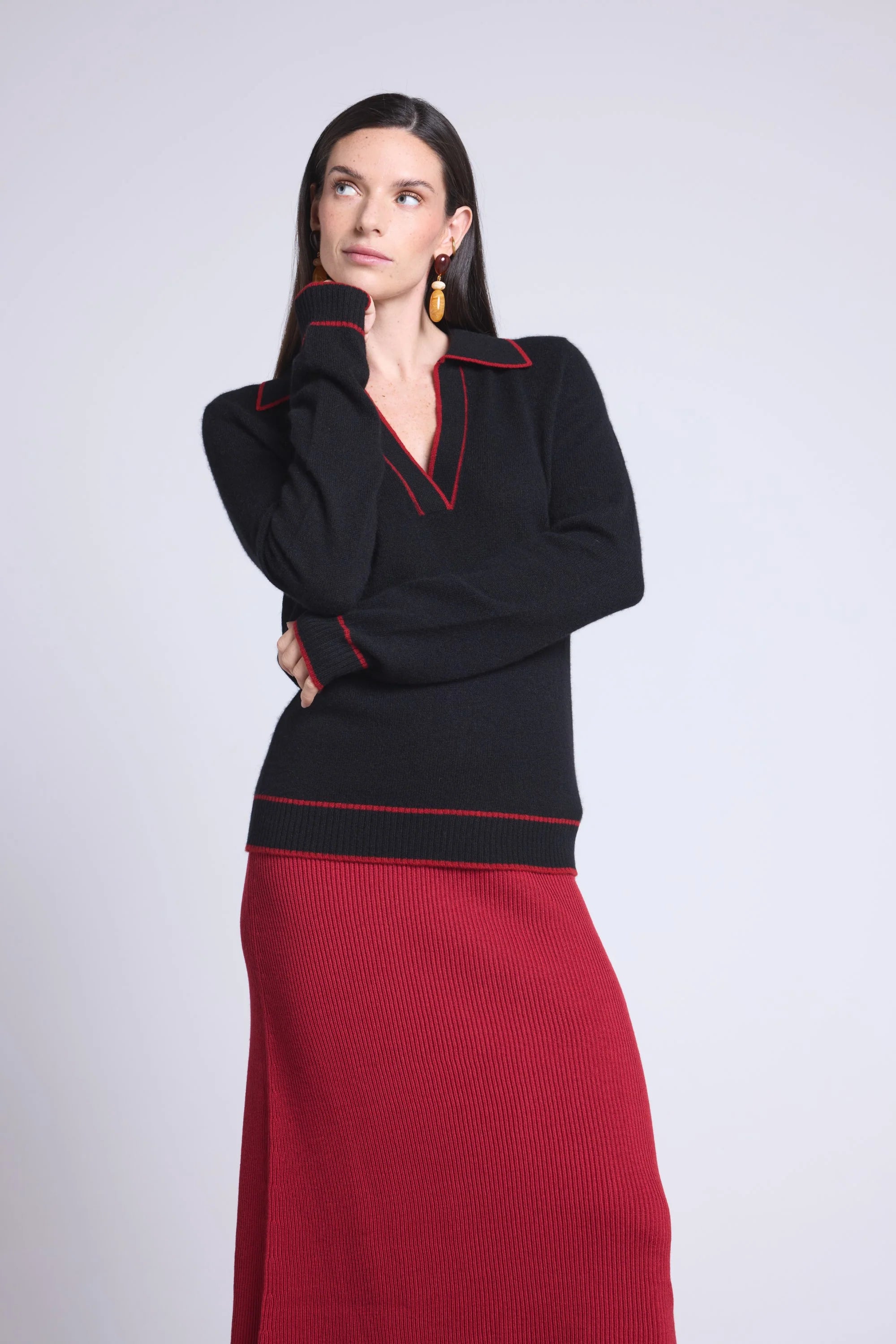 Pull Col Polo Opale - Noir Et Rouge - Femme