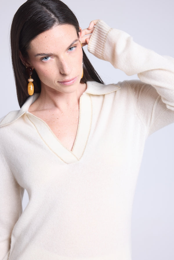 Pull Col Polo Opale - Blanc Et Dore - Femme - 100% Cachemire