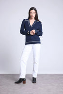 Pull Col Polo Opale - Bleu Marine Et Blanc - Femme