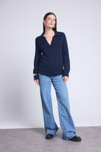 Maglione Con Colletto Polo Opale - Blu Marino - Donna - 100% Cashmere