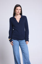 Maglione Con Colletto Polo Opale - Blu Marino - Donna - 100% Cashmere
