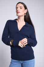 Maglione Con Colletto Polo Opale - Blu Marino - Donna - 100% Cashmere