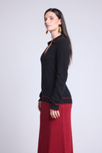 Pull Col Polo Opale - Noir Et Rouge - Femme
