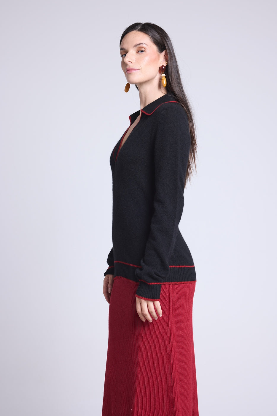 Pull Col Polo Opale - Noir Et Rouge - Femme