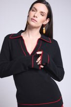 Pull Col Polo Opale - Noir Et Rouge - Femme