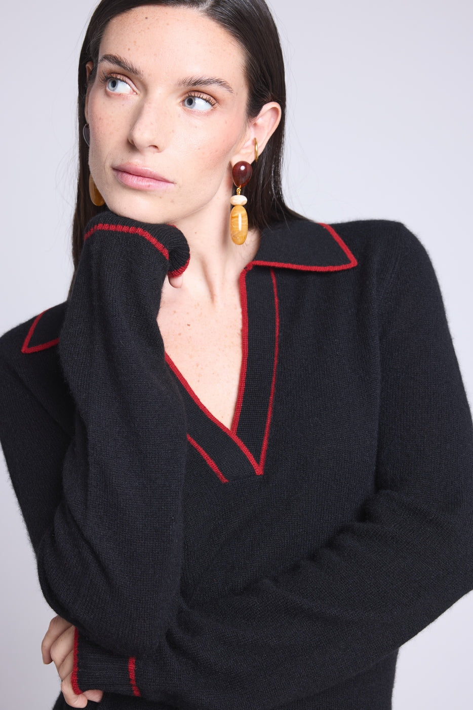 Pull Col Polo Opale - Noir Et Rouge - Femme