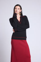 Pull Col Polo Opale - Noir Et Rouge - Femme