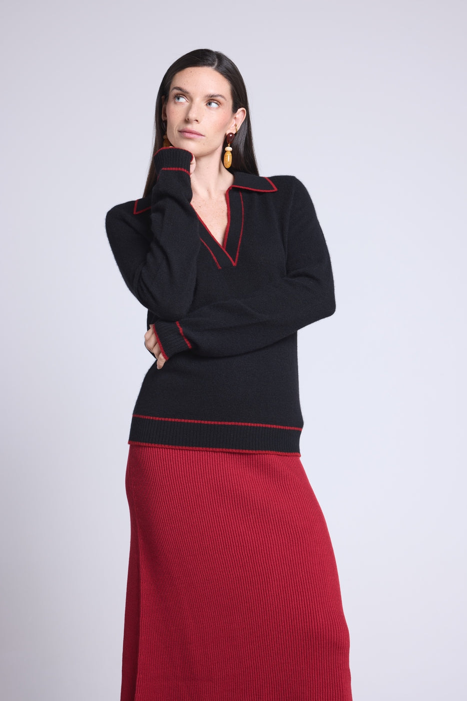 Pull Col Polo Opale - Noir Et Rouge - Femme