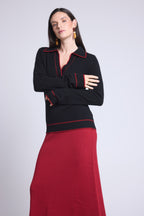 Pull Col Polo Opale - Noir Et Rouge - Femme
