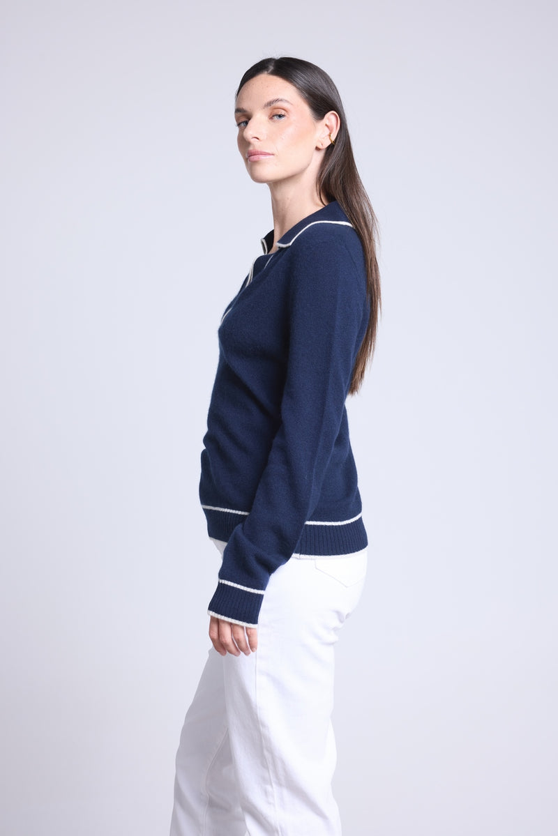 Pull Col Polo Opale - Bleu Marine Et Blanc - Femme