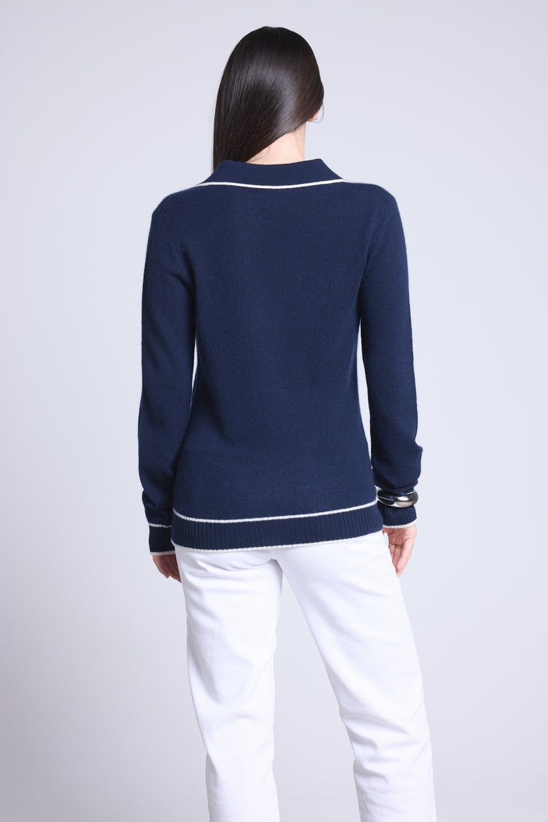 Pull Col Polo Opale - Bleu Marine Et Blanc - Femme