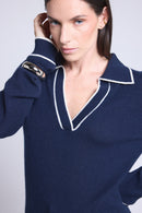 Pull Col Polo Opale - Bleu Marine Et Blanc - Femme