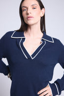 Pull Col Polo Opale - Bleu Marine Et Blanc - Femme