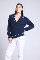 Pull Col Polo Opale - Bleu Marine Et Blanc - Femme