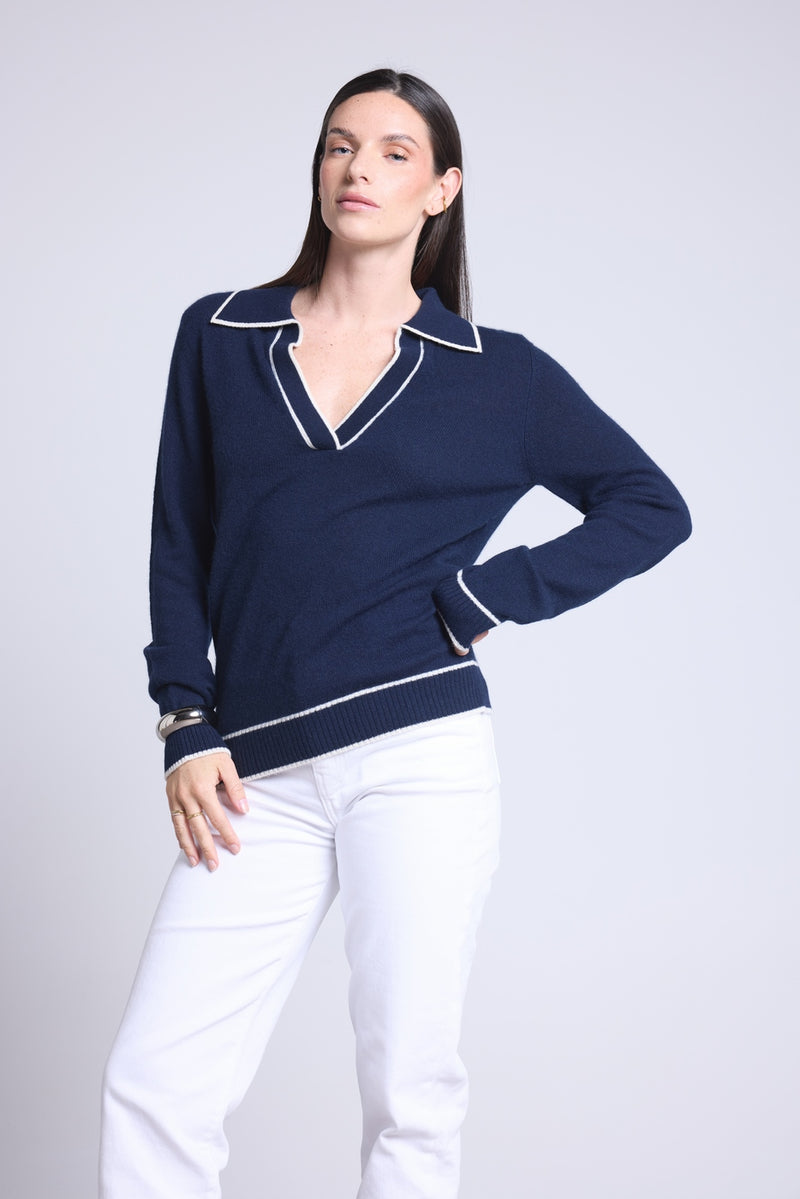 Pull Col Polo Opale - Bleu Marine Et Blanc - Femme