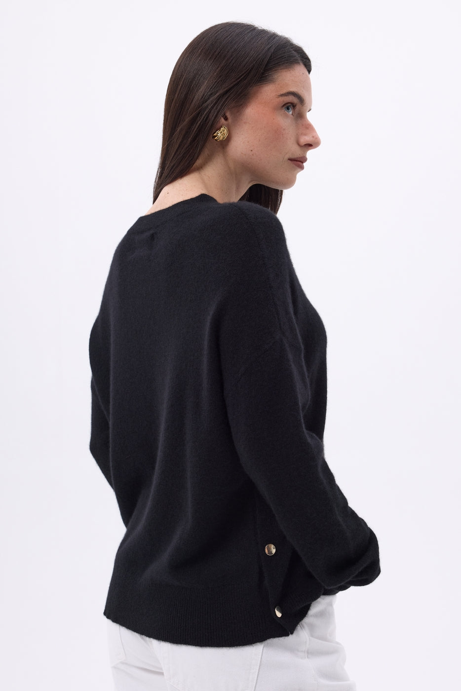 Jersey de cuello redondo con botones laterales dorados Ora - Negro - Mujer