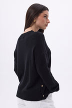 Jersey de cuello redondo con botones laterales dorados Ora - Negro - Mujer