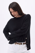 Jersey de cuello redondo con botones laterales dorados Ora - Negro - Mujer