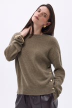 Ora Crew Neck Jumper with Gold Side Buttons - Mottled Khaki - Women