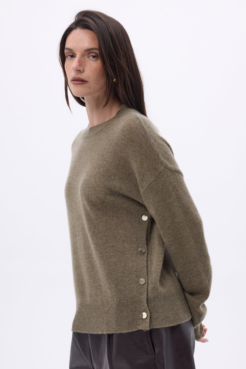 Ora Crew Neck Jumper with Gold Side Buttons - Mottled Khaki - Women