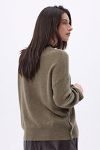 Ora Crew Neck Jumper with Gold Side Buttons - Mottled Khaki - Women
