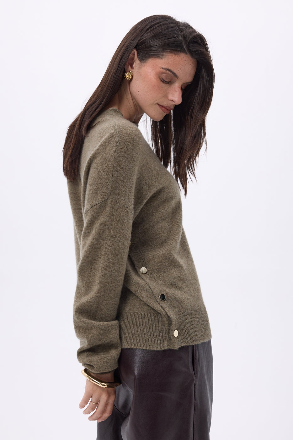 Ora Crew Neck Jumper with Gold Side Buttons - Mottled Khaki - Women