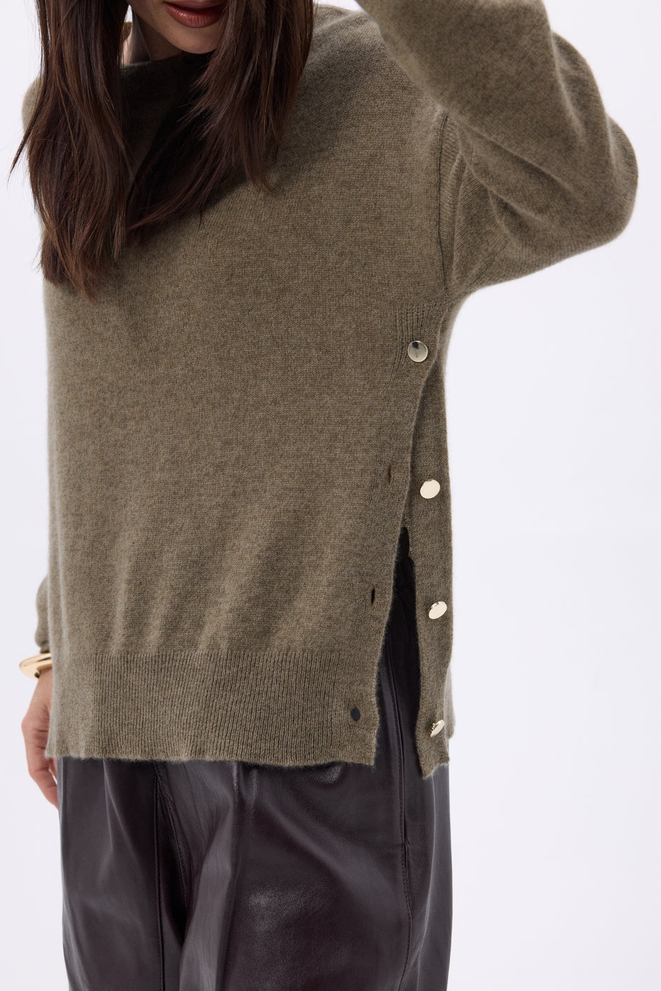 Ora Crew Neck Jumper with Gold Side Buttons - Mottled Khaki - Women