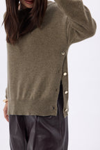 Ora Crew Neck Jumper with Gold Side Buttons - Mottled Khaki - Women