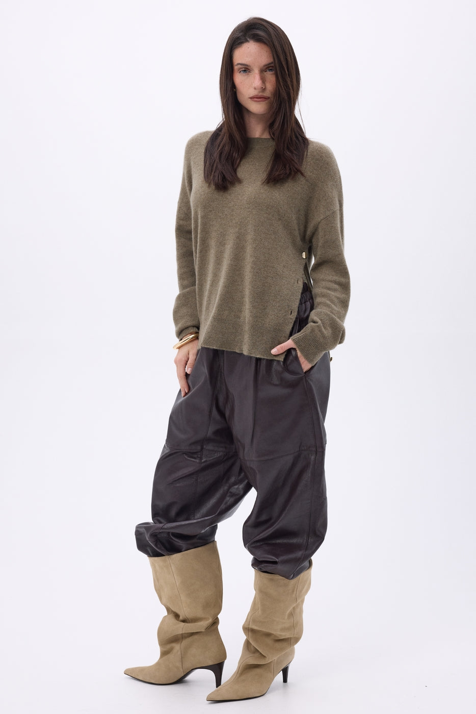 Ora Crew Neck Jumper with Gold Side Buttons - Mottled Khaki - Women