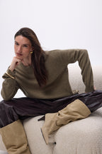 Ora Crew Neck Jumper with Gold Side Buttons - Mottled Khaki - Women