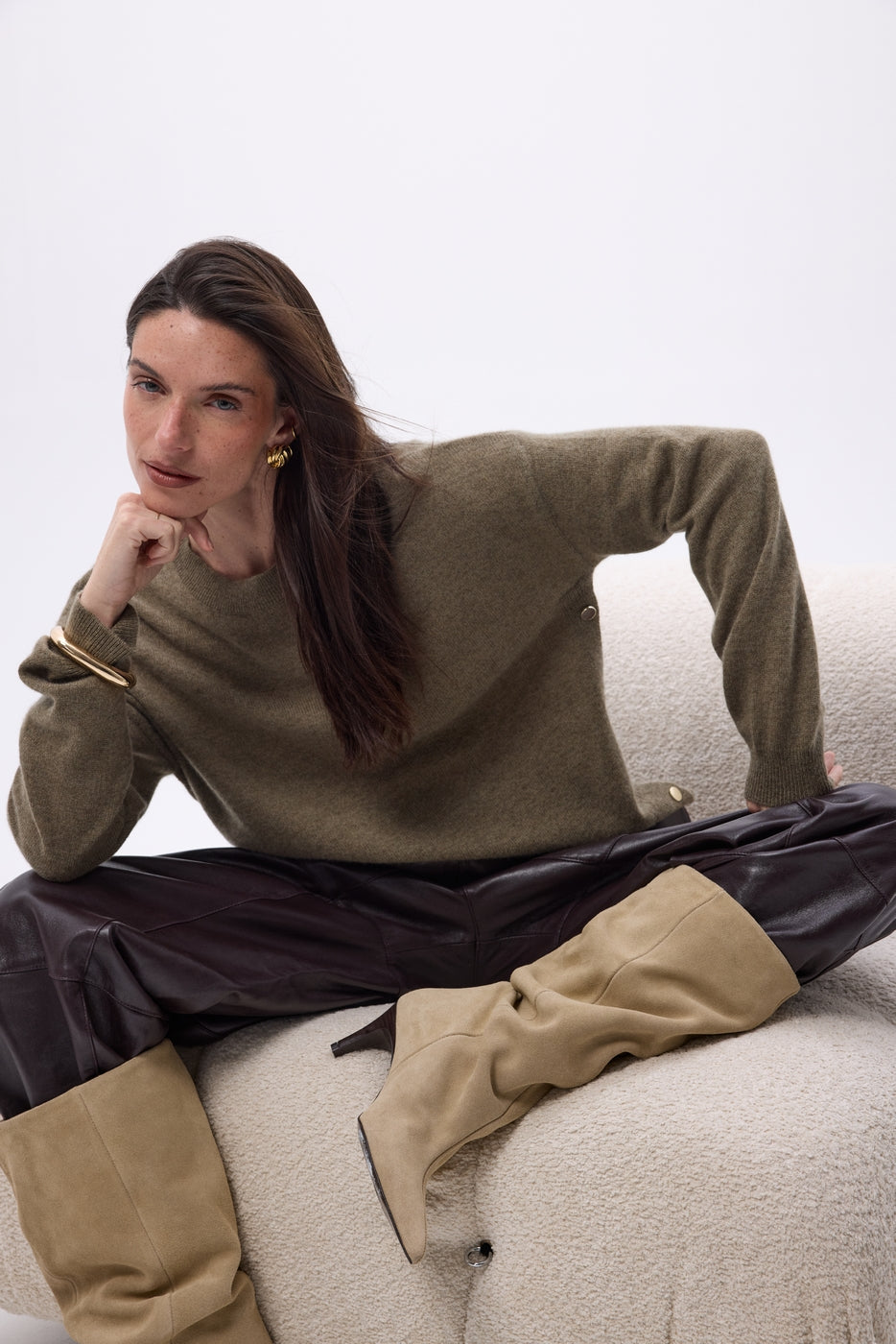 Ora Crew Neck Jumper with Gold Side Buttons - Mottled Khaki - Women