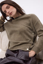 Ora Crew Neck Jumper with Gold Side Buttons - Mottled Khaki - Women